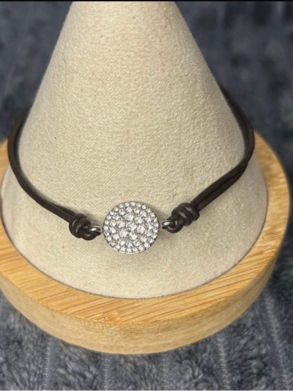 Fossil Brown Leather Bracelet with Pavé Crystal Round Charm